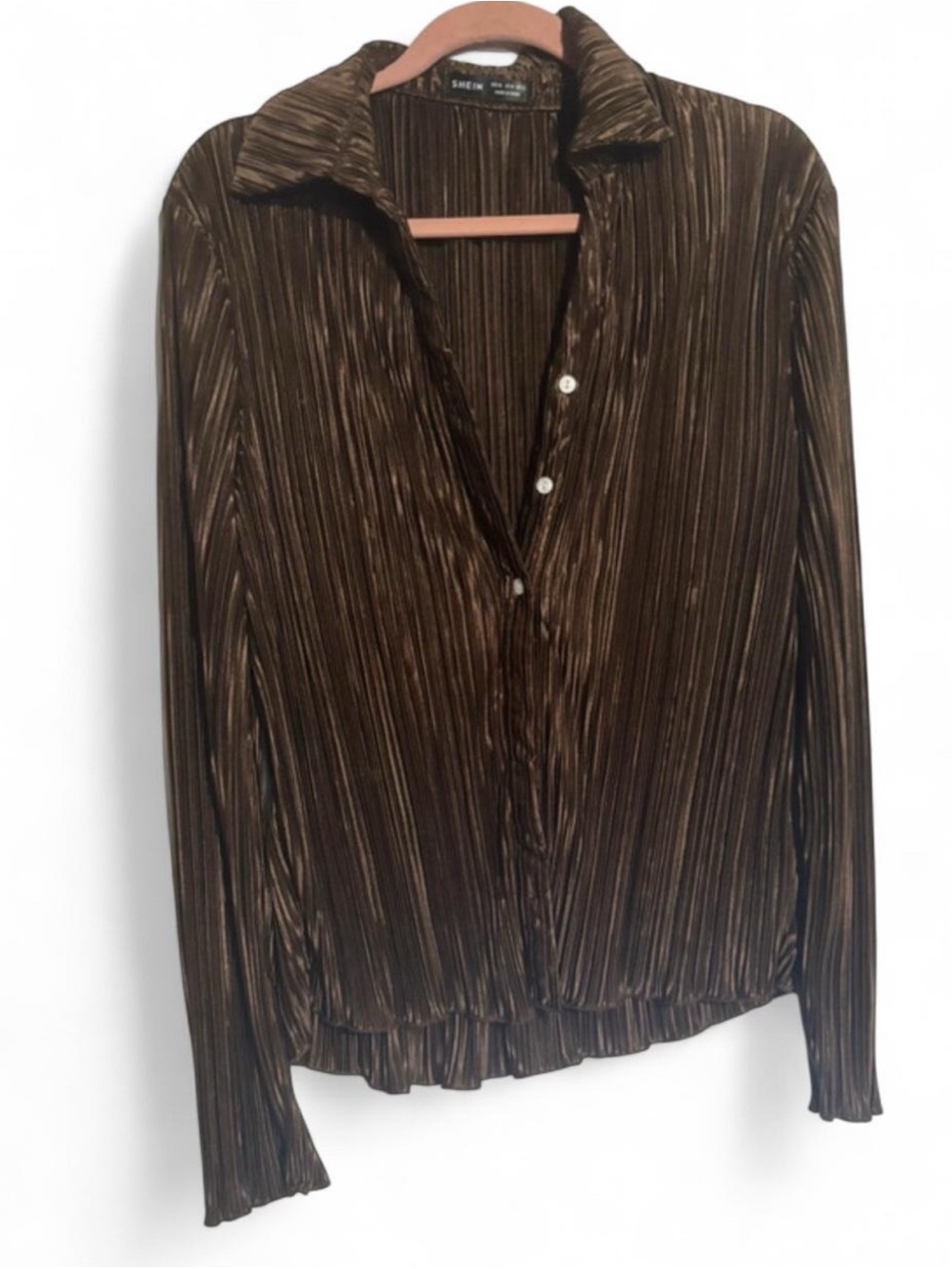 SHEIN Brown Micro Pleated Blouse Collar Button Down Top 90s Y2K XL